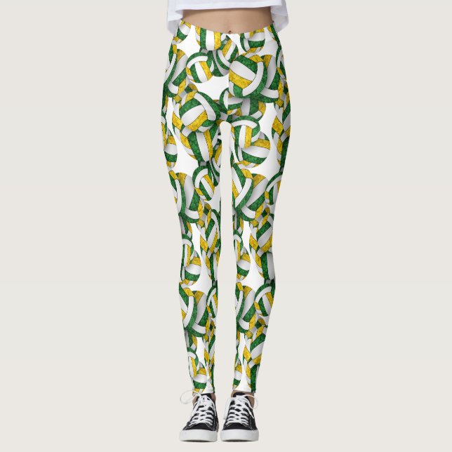 Green gold team colours girly volleyballs pattern leggings (Front)