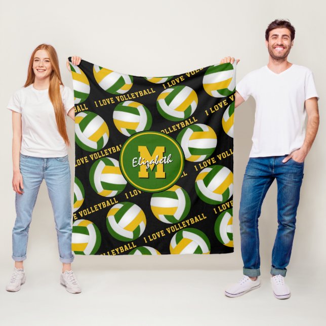 green gold team colours I love volleyball pattern Fleece Blanket (In Situ)