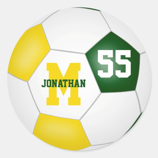 green gold team colours soccer ball personalized classic round sticker (Front)