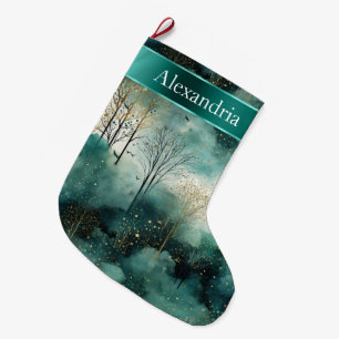 Green Gold Trees Christmas Name Large Christmas Stocking