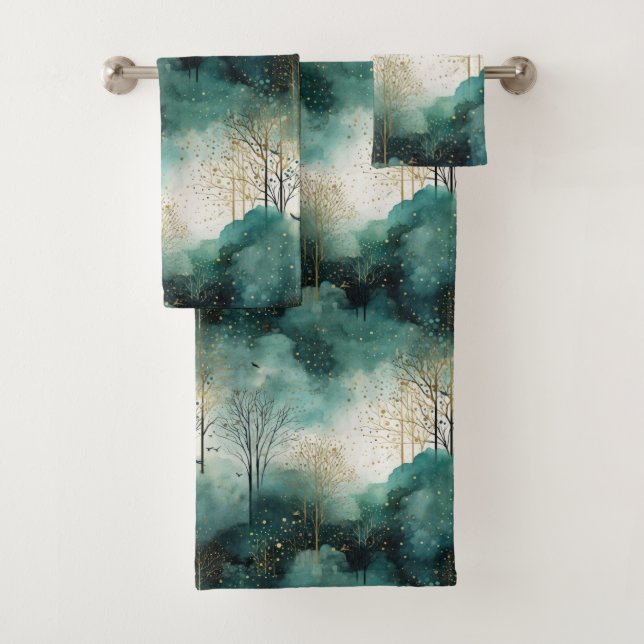 Green Gold Trees with Birds Christmas Bath Towel Set (Insitu)