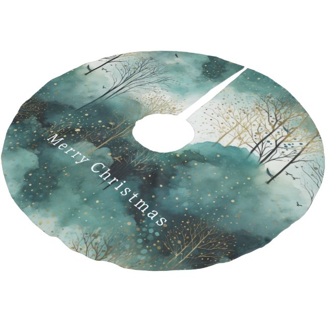 Green Gold Trees with Birds Christmas Brushed Polyester Tree Skirt (Angled)