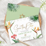 Green Gold Tropical Bat Mitzvah Floral Palm Modern Save The Date<br><div class="desc">Make sure all your friends and relatives will be able to celebrate your daughter’s milestone Bat Mitzvah! Send out this chic, personalized “Save the Date” announcement card. Stunning, colourful, tropical watercolor birds of paradise flowers, faux gold handwritten script, Star of David and glitter dots, along with green and grey modern...</div>