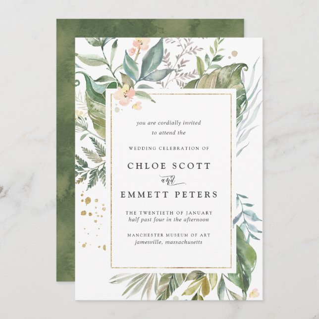 Green Gold Tropical Botanical Wedding Invitation (Front/Back)