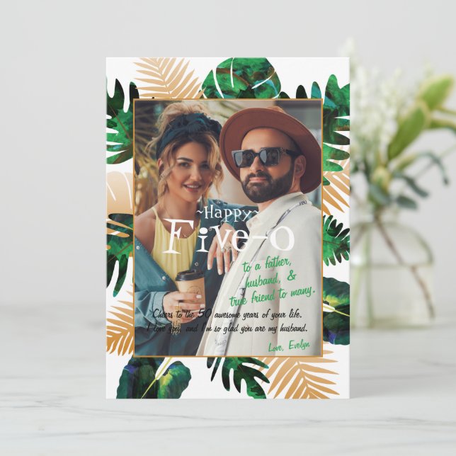 Green, Gold Tropical Hawaii Five-0 50th Birthday Invitation (Standing Front)