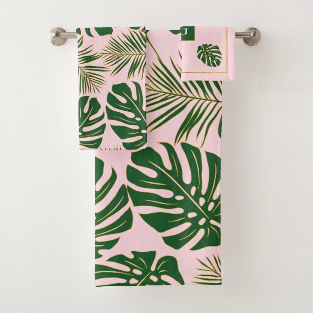Green, gold tropical leaves and monogram pink bath towel set (Insitu)