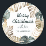 Green & Gold Tropical Palm Wreath Christmas Classic Round Sticker<br><div class="desc">Tropical watercolor green and gold palm wreath Merry Christmas Stickers Gift Tags. Click the edit/personalize button to customize this design with your text.</div>