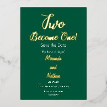Green & Gold Two Become One Foil Wedding Invitatio