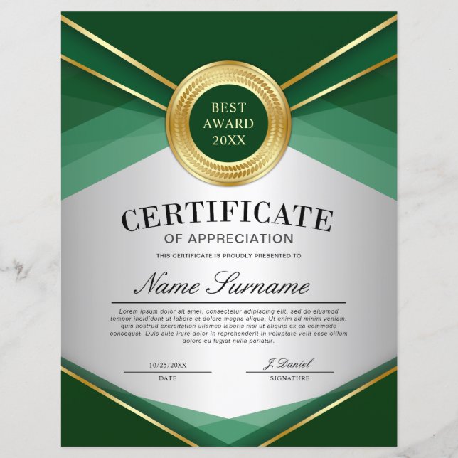 Green & Gold Vertical Certificate of Appreciation  (Front)