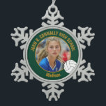 Green Gold Volleyball Player Photo High School Snowflake Pewter Christmas Ornament<br><div class="desc">This cool customized high school volleyball player photo gift features typography of your team and player name on a green and gold snowflake Christmas ornament with a ball design. Personalize with your student's photograph and class year as a proud sports parent for a commemorative keepsake present.l</div>