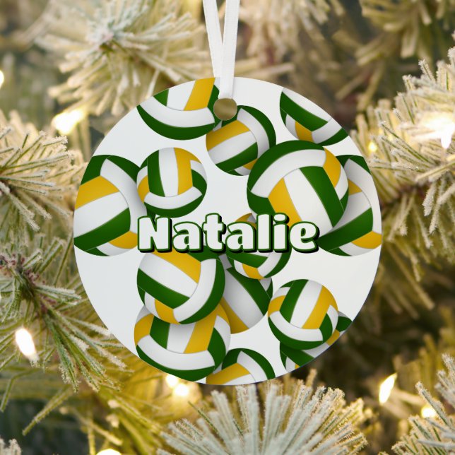green gold volleyballs w athlete name keepsake metal ornament (Insitu)