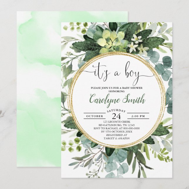 Green Gold Watercolor Botanical Boy Baby Shower Invitation (Front/Back)