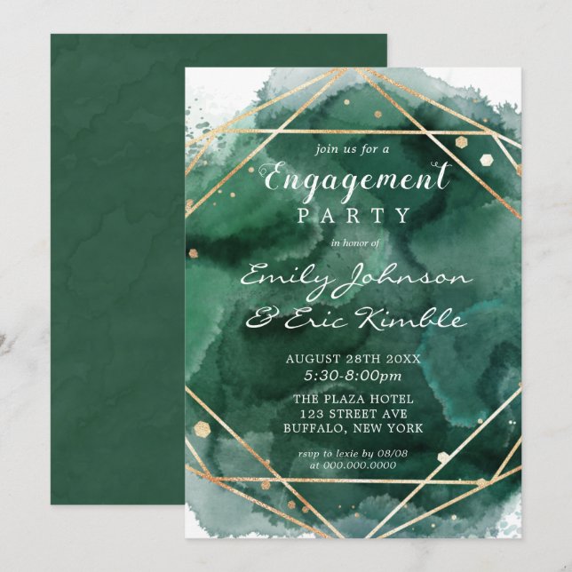 Green Gold Watercolor Geometric Engagement Party Invitation (Front/Back)