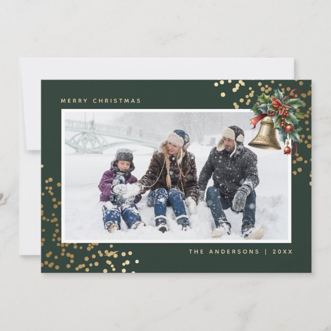 Green Gold Watercolor Holly Bell Photo Holiday Card (Front)