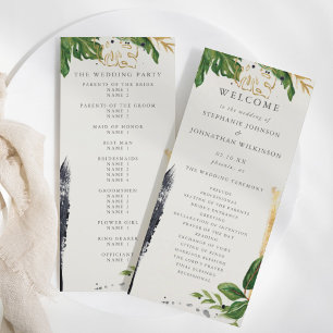 Green & Gold Watercolor Programme de mariage tropi