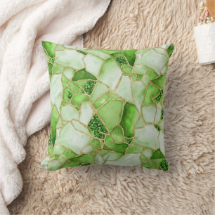 Green Gold Watercolor Sea Glass Mosaic Pattern Throw Pillow