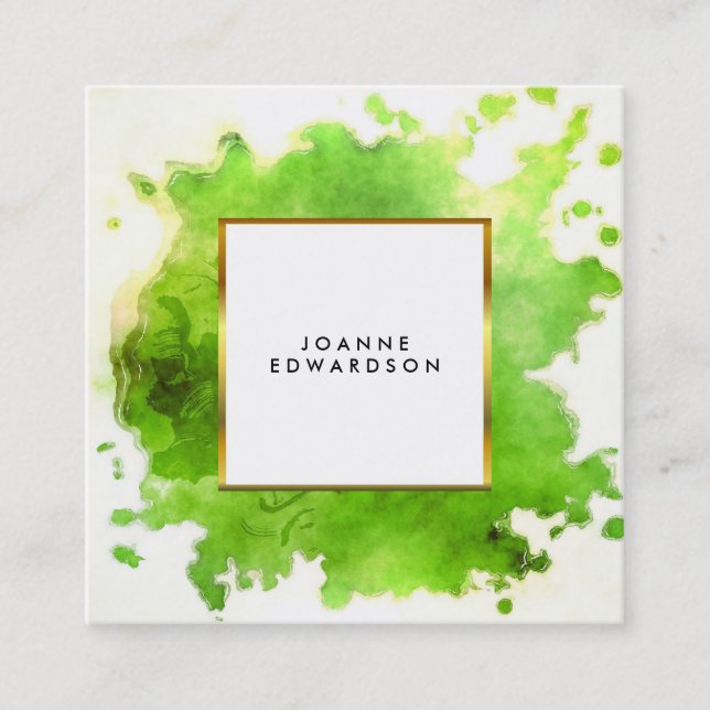 Green gold watercolor splatter splash professional square business card (Front)