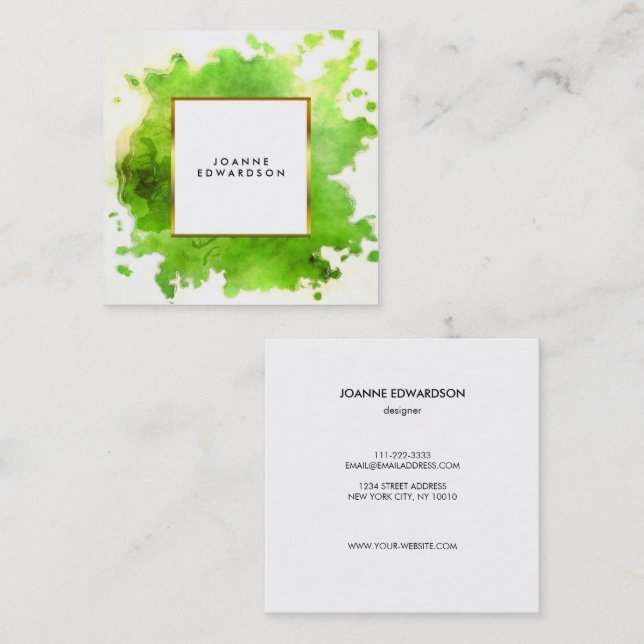 Green gold watercolor splatter splash professional square business card (Front/Back)