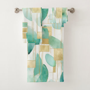 Green Gold White Abstract Bath Towel Set