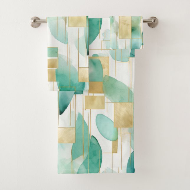 Green Gold White Abstract Bath Towel Set (Insitu)