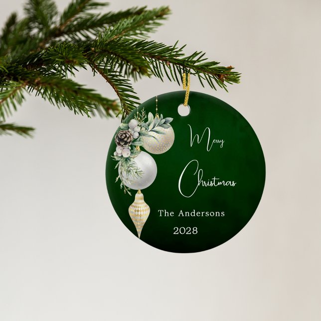 Green gold white baubles Christmas Ceramic Ornament (Creator Uploaded)
