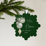 Green gold white baubles Christmas Ornament Card<br><div class="desc">A classic green background. Decorated with white and gold baubles and some greenery and a pine cone.  Personalize and add your name,  year.  Text: Merry Christmas</div>