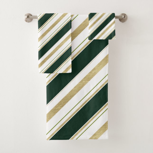 Green Gold White Diagonal Stripes Striped Pattern Bath Towel Set (Insitu)