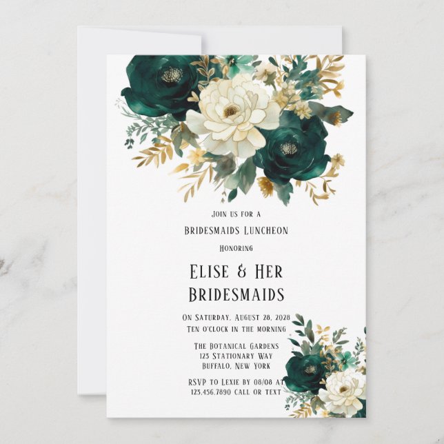 Green Gold White Floral Bridesmaids Luncheon Invitation (Front)