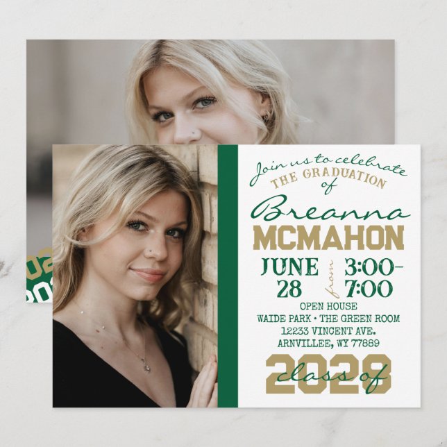 Green, Gold & White Graduation 2 Photo Invitation (Front/Back)
