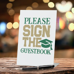 Green, Gold & White Guestbook Graduation Table Pedestal Sign