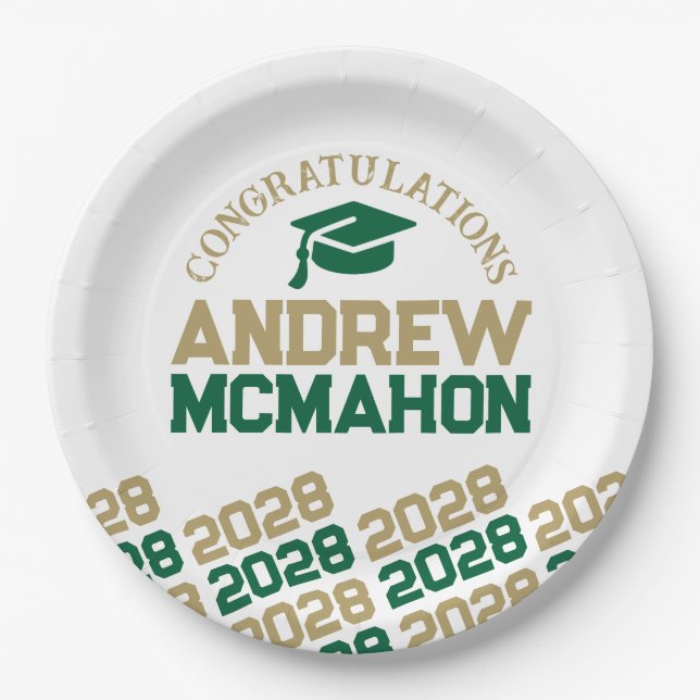 Green Gold White Half Repeat Grad Personalized Paper Plate (Front)