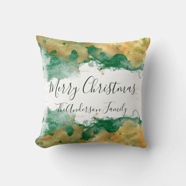 Green Gold White Monogram Merry Christmas Throw Pillow (Front)