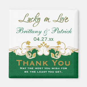 Green Gold White scrolled Wedding Favour Magnet