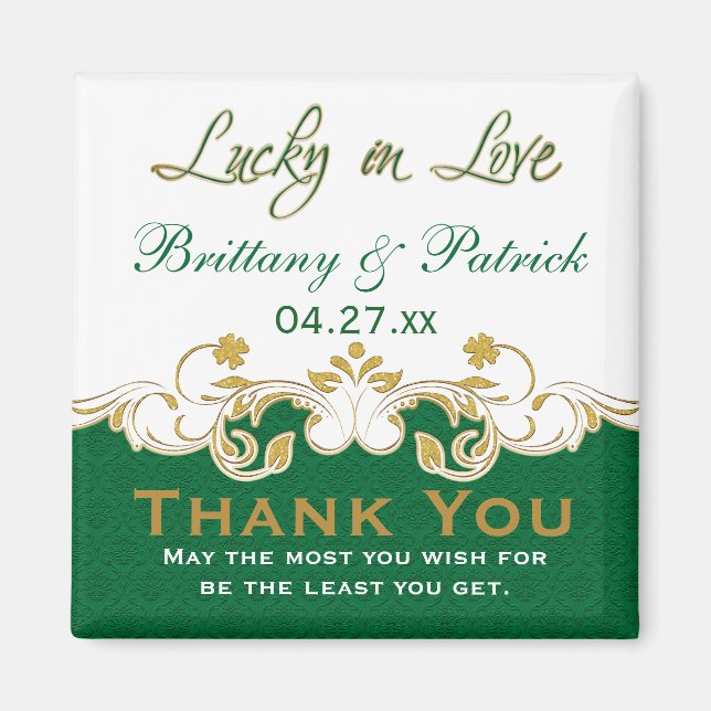 Green Gold White scrolled Wedding Favour Magnet (Front)