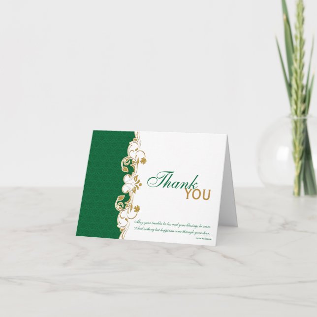 Green, Gold, White Scrolls Thank You Card (Front)