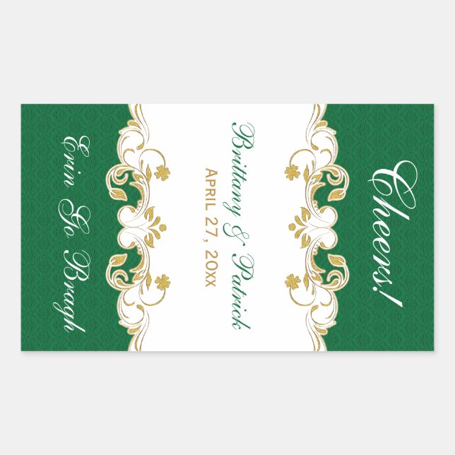 Green Gold White Scrolls Wine Label Sticker (Front)