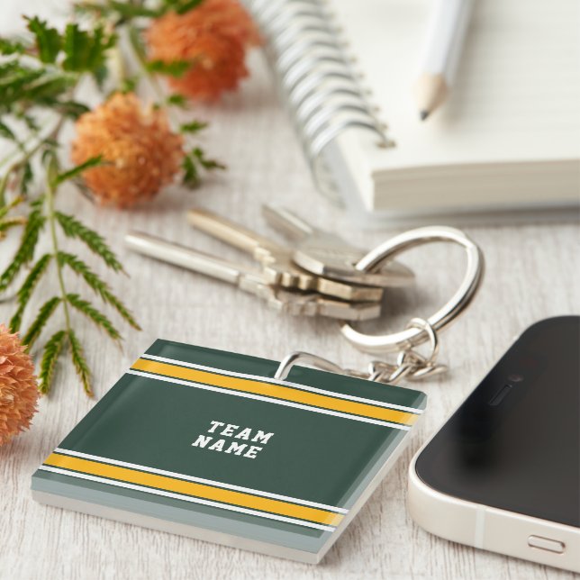 Green Gold White Sports Jersey Team Name Number Keychain (Front Right)