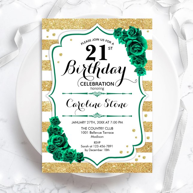 Green Gold White Stripes Roses 21st Birthday Invitation (Creator Uploaded)