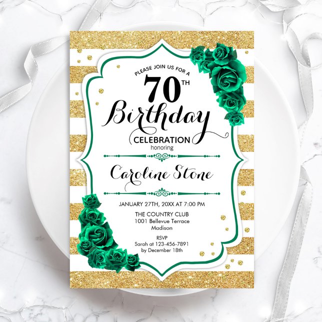 Green Gold White Stripes Roses 70th Birthday Invitation (Creator Uploaded)