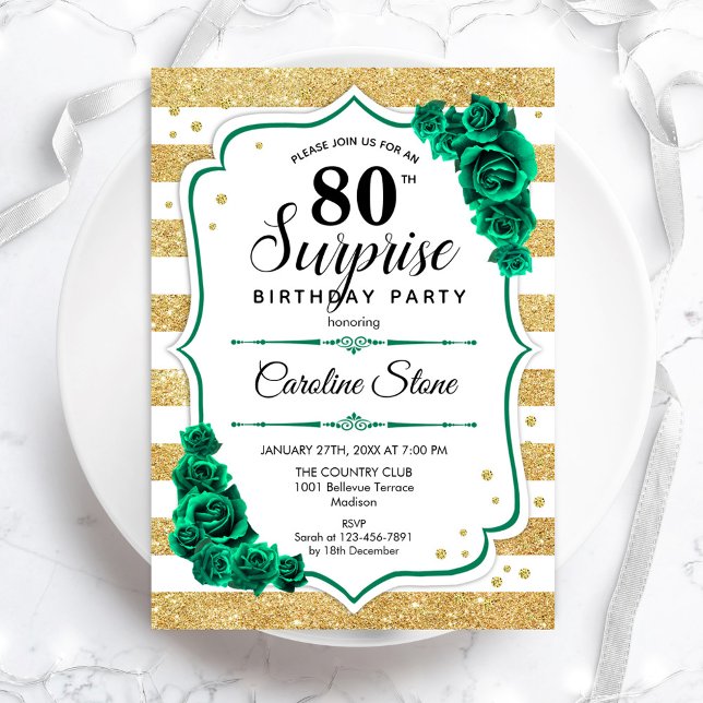 Green Gold White Surprise 80th Birthday Invitation (Creator Uploaded)