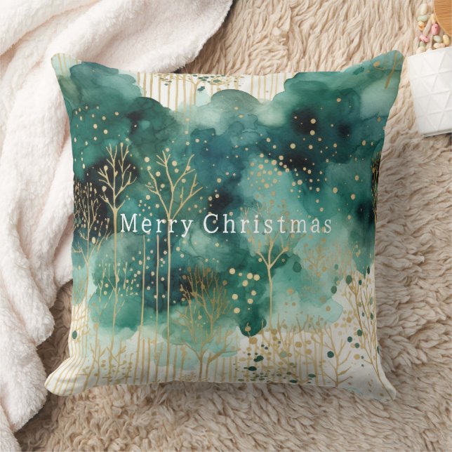 Green  Gold White Trees Christmas Throw Pillow (Blanket)