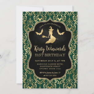 Green Gold Witch and Bats Damask 21st Birthday Invitation