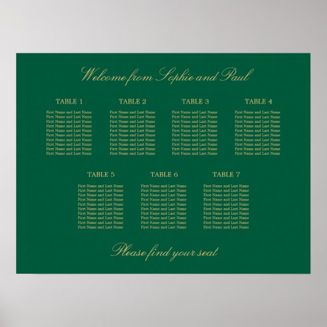 Green Golden Beige 7 Table Seating Chart Poster (Front)