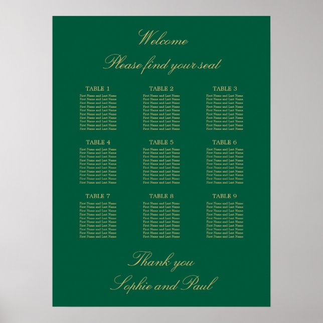 Green Golden Beige 9 Table Seating Chart Poster (Front)