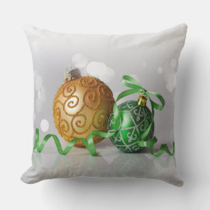 Green & Golden Christmas Ornaments Throw Pillow