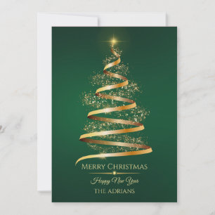Green golden Christmas Tree with sparkle light  Holiday Card