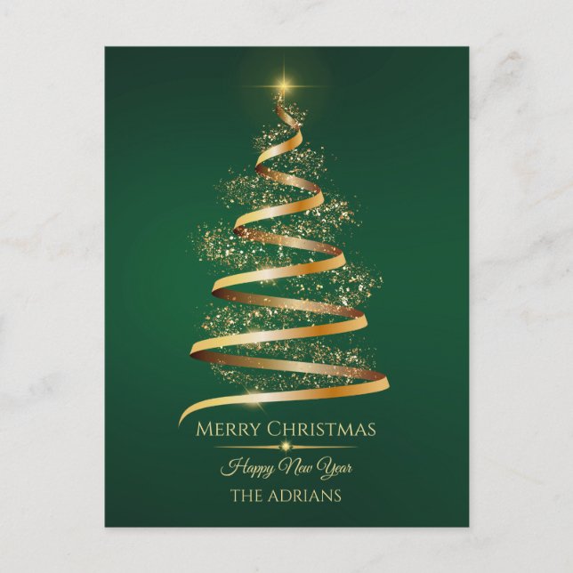 Green golden Christmas Tree with sparkle light  Holiday Postcard (Front)