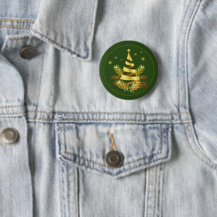 Green Golden Leaves Stars Christmas Tree 2 Inch Round Button