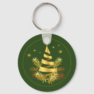 Green Golden Leaves Stars Christmas Tree Keychain