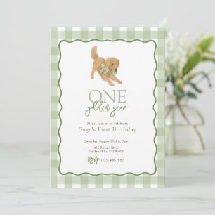Green Golden Retriever Golden Year First Birthday Invitation